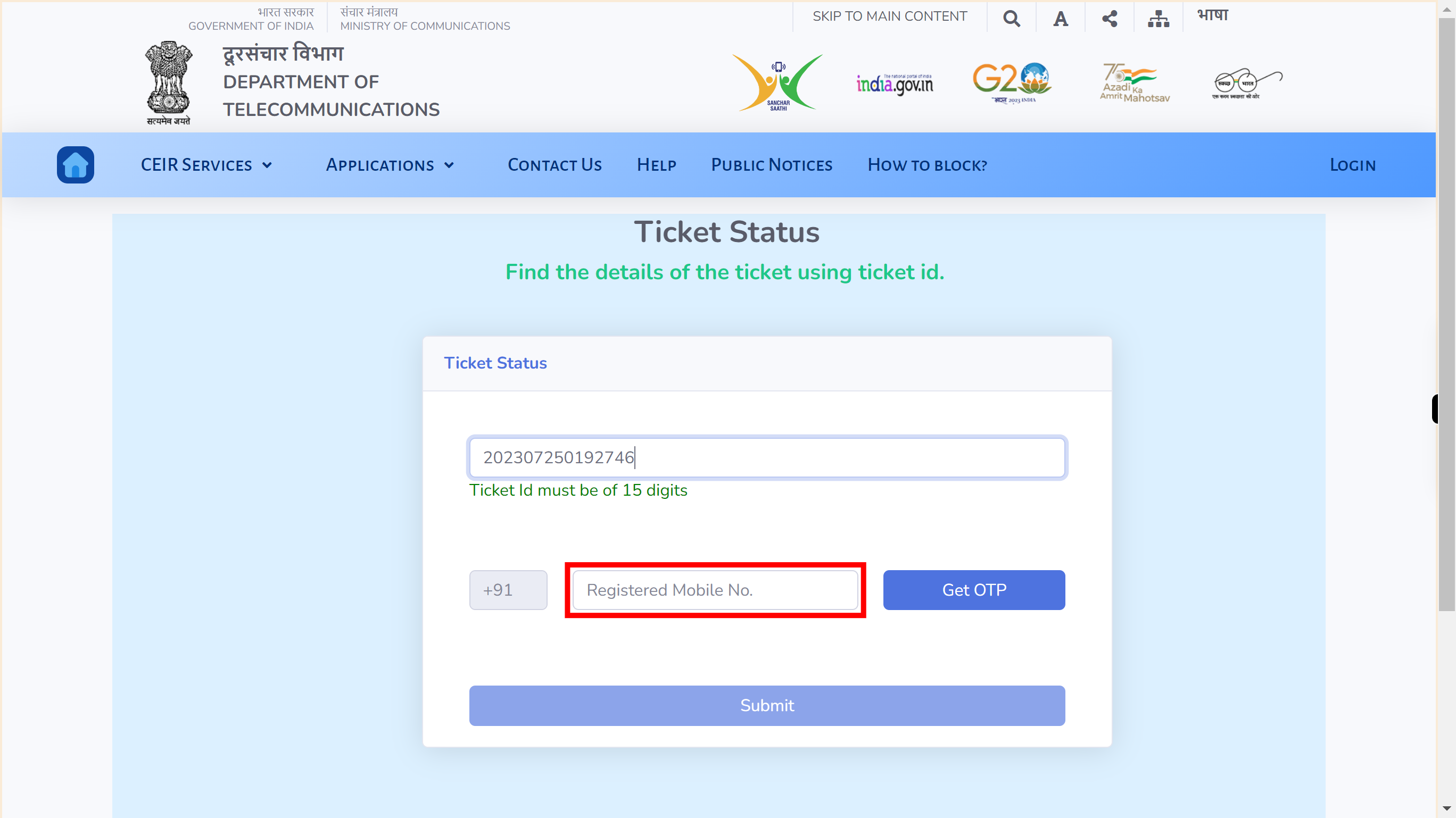 CEIR Fault Management Ticket Status