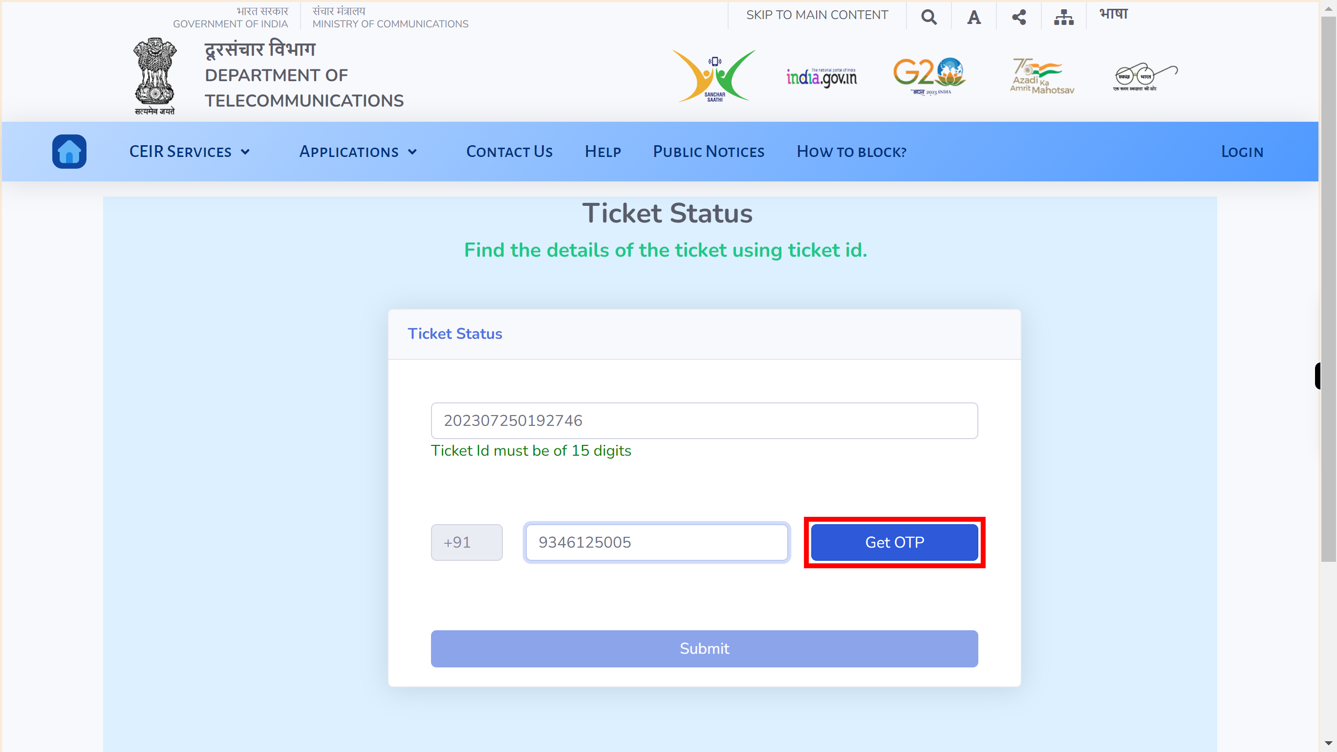 CEIR Fault Management Ticket Status