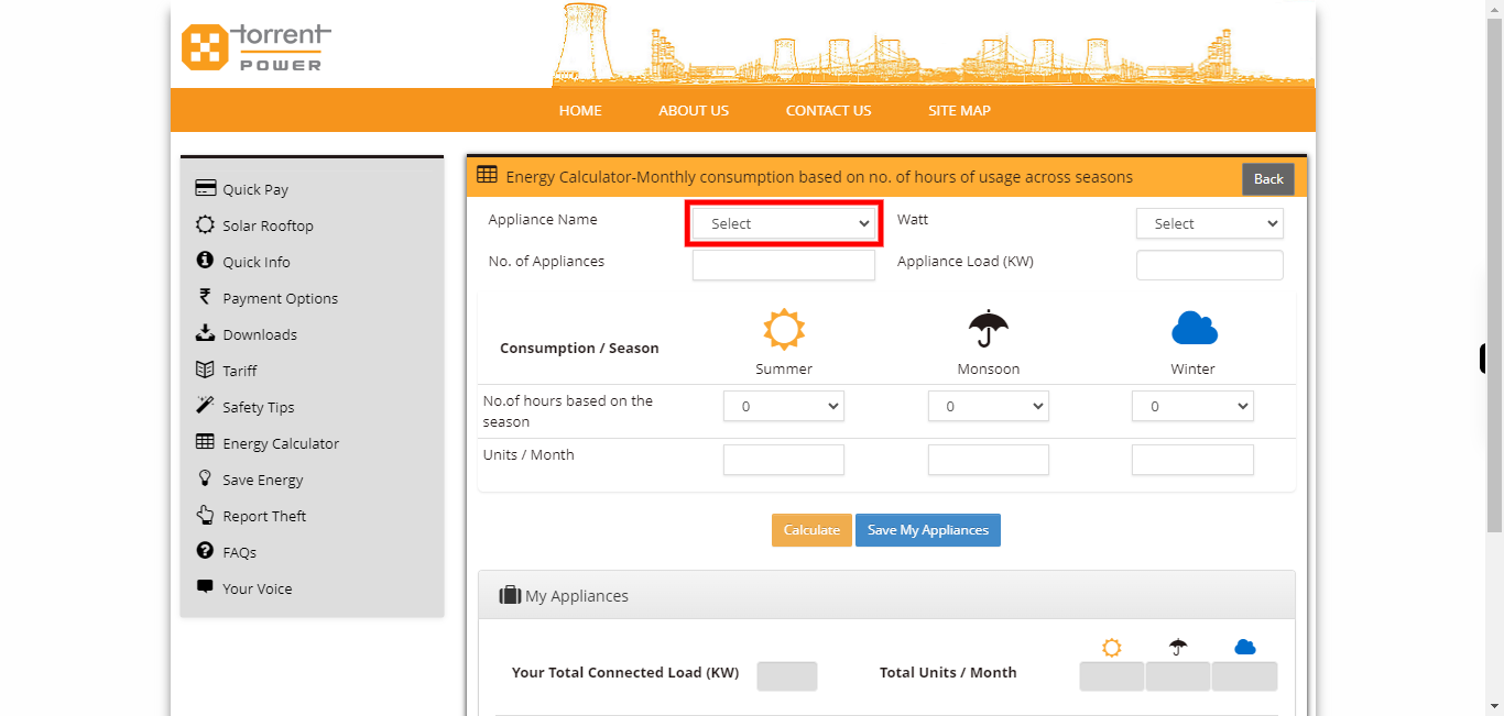 Torrent Power Customer Portal - Calculator Appliances