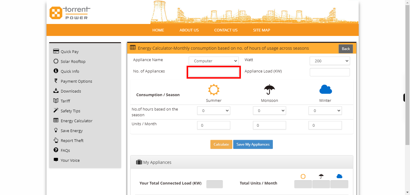 Torrent Power Customer Portal - Calculator Appliances