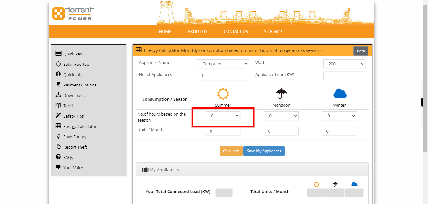 Torrent Power Customer Portal - Calculator Appliances