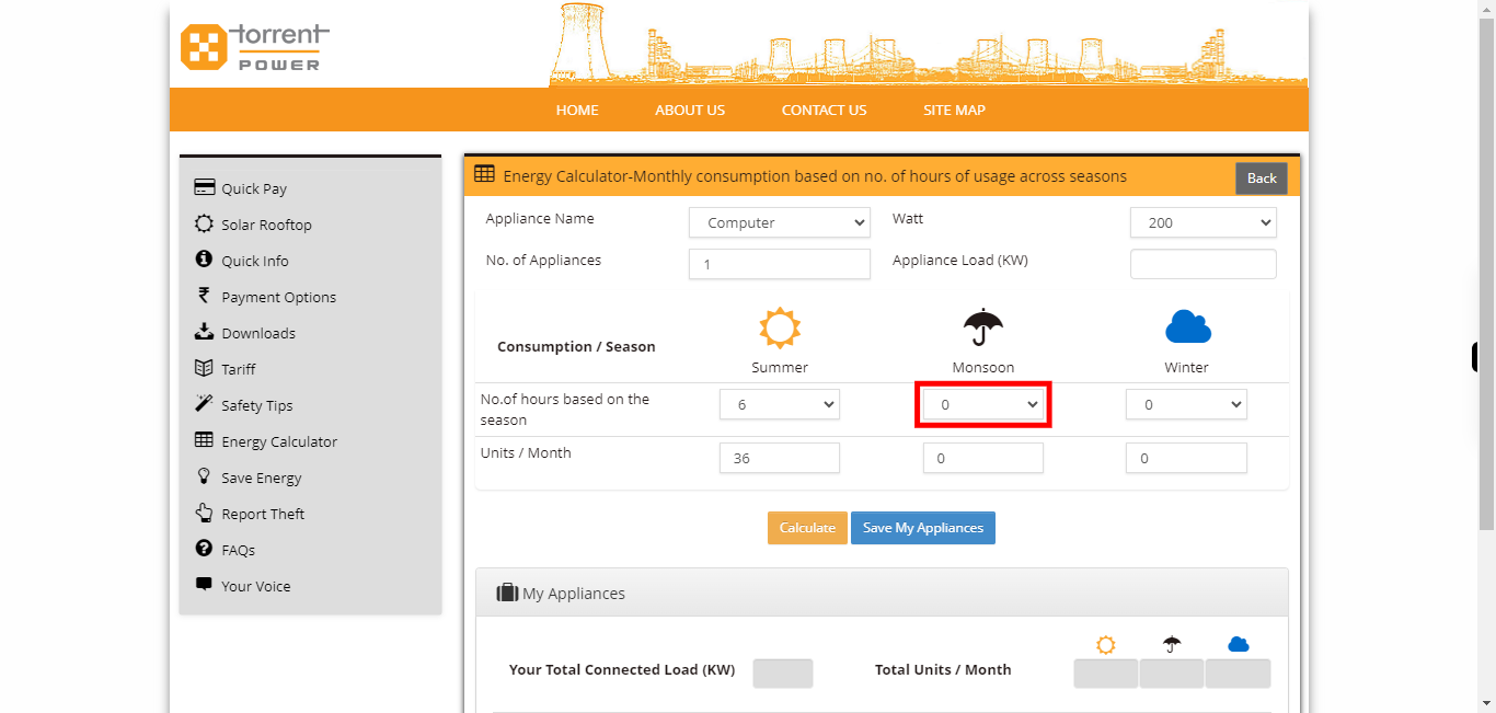 Torrent Power Customer Portal - Calculator Appliances