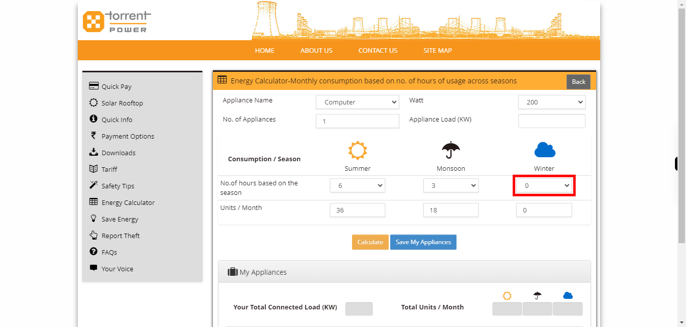 Torrent Power Customer Portal - Calculator Appliances