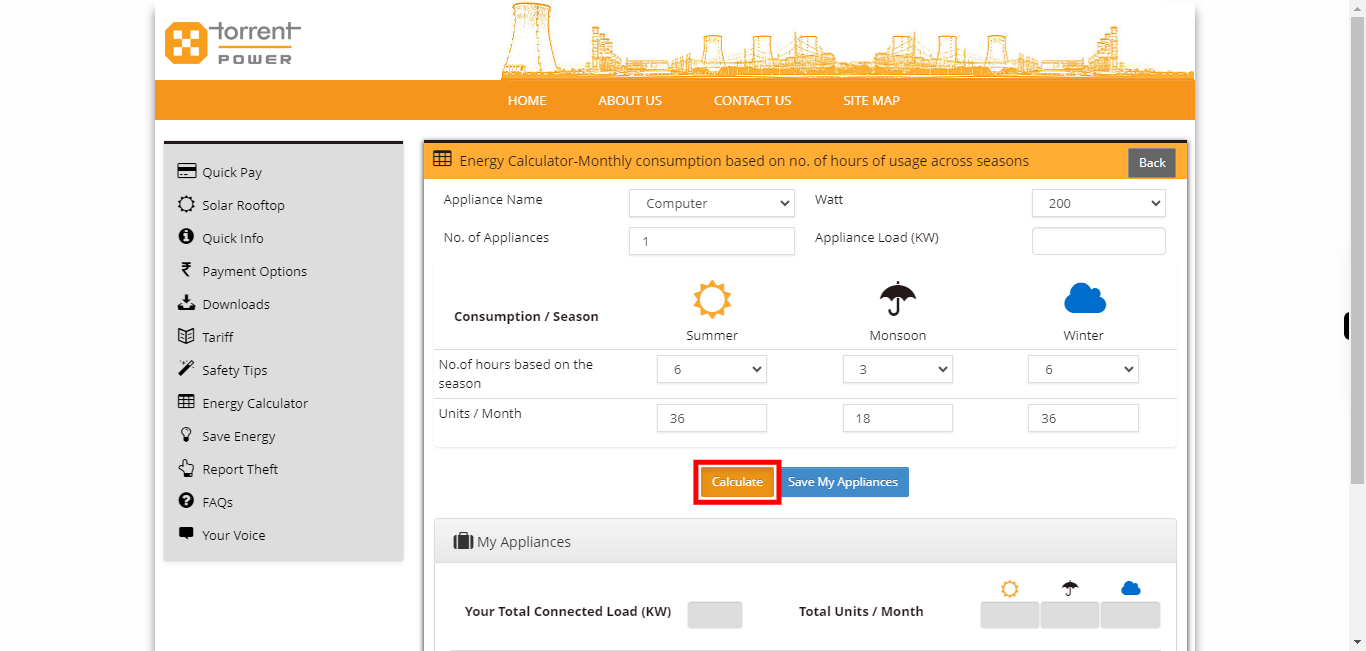 Torrent Power Customer Portal - Calculator Appliances