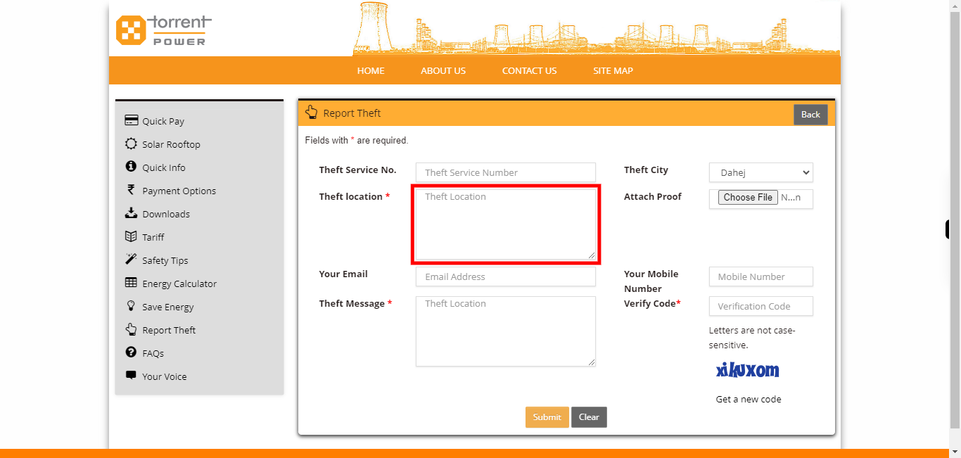 Torrent Power Customer Portal - Create ReportTheft