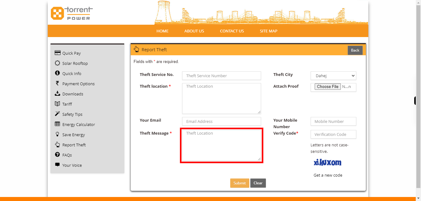 Torrent Power Customer Portal - Create ReportTheft