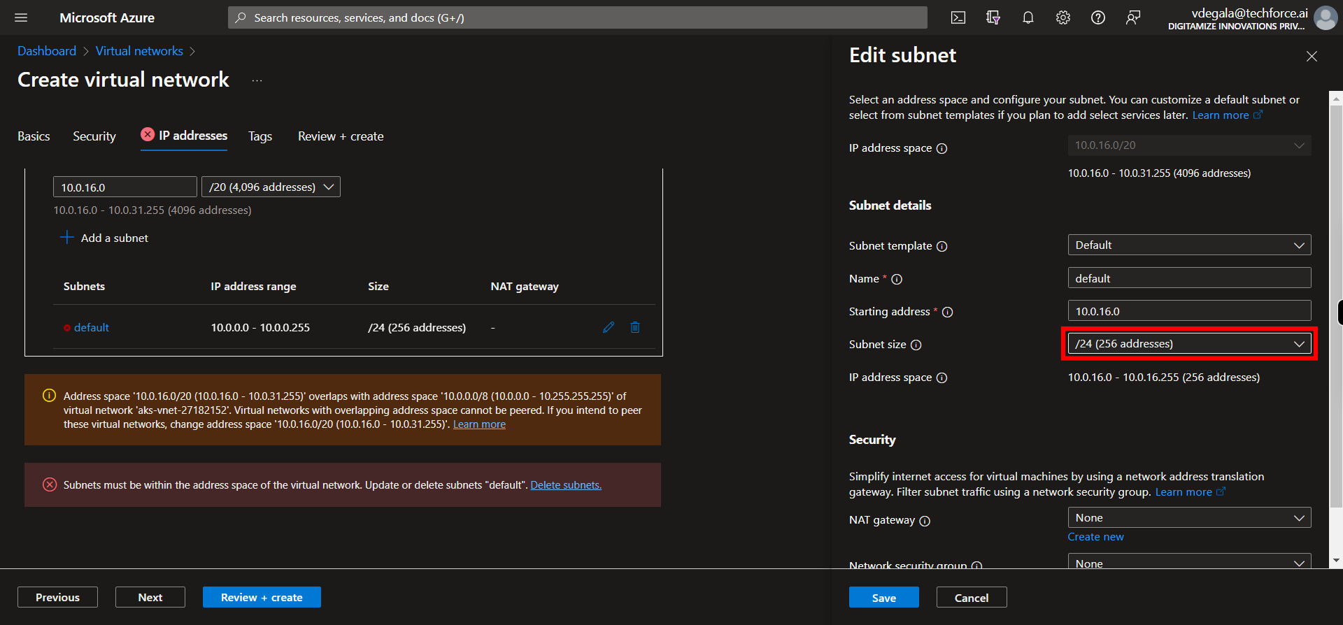 Edit subnet - Microsoft Azure