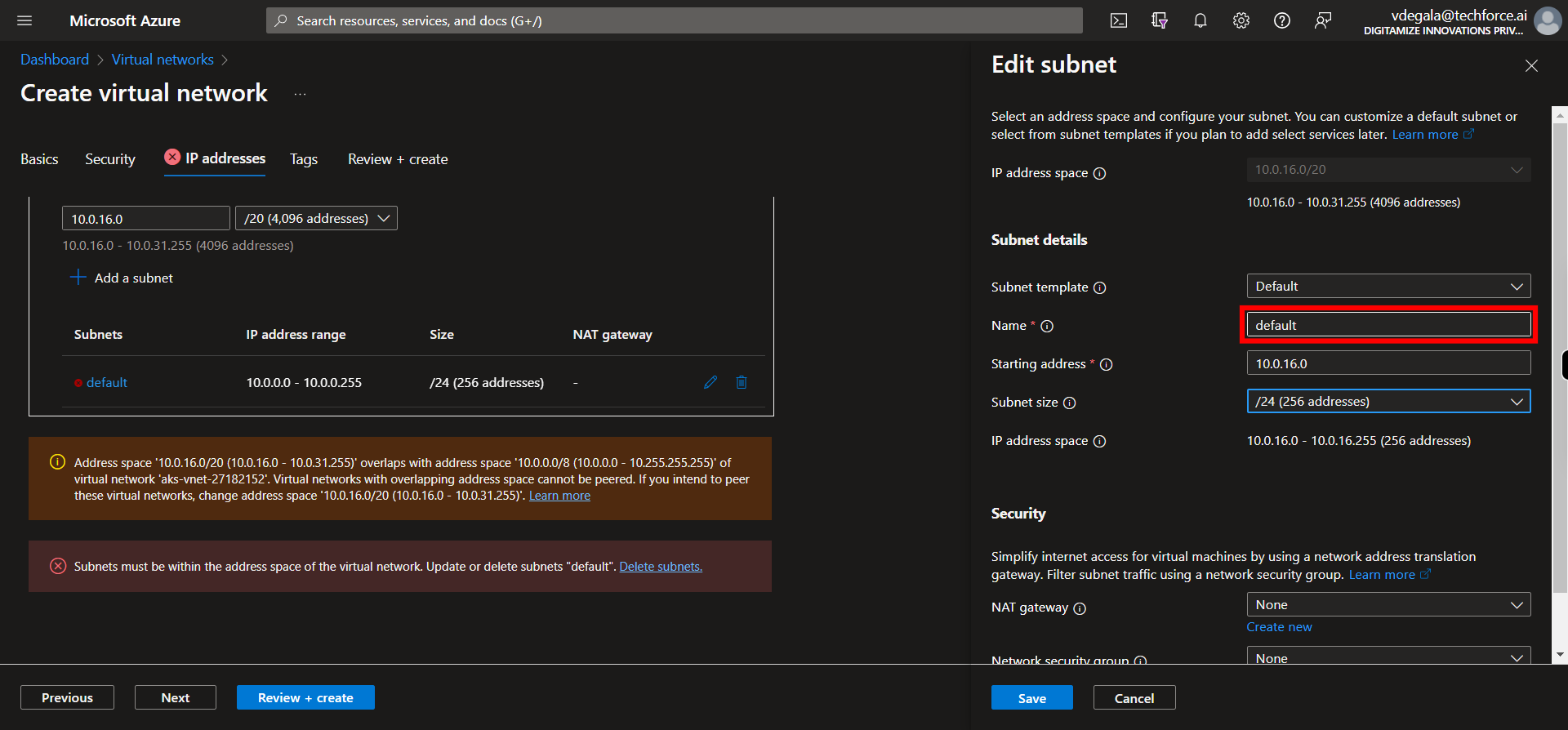 Edit subnet - Microsoft Azure