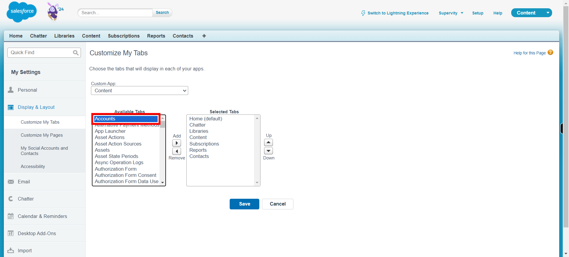 Customize My Tabs ~ Salesforce - Developer Edition