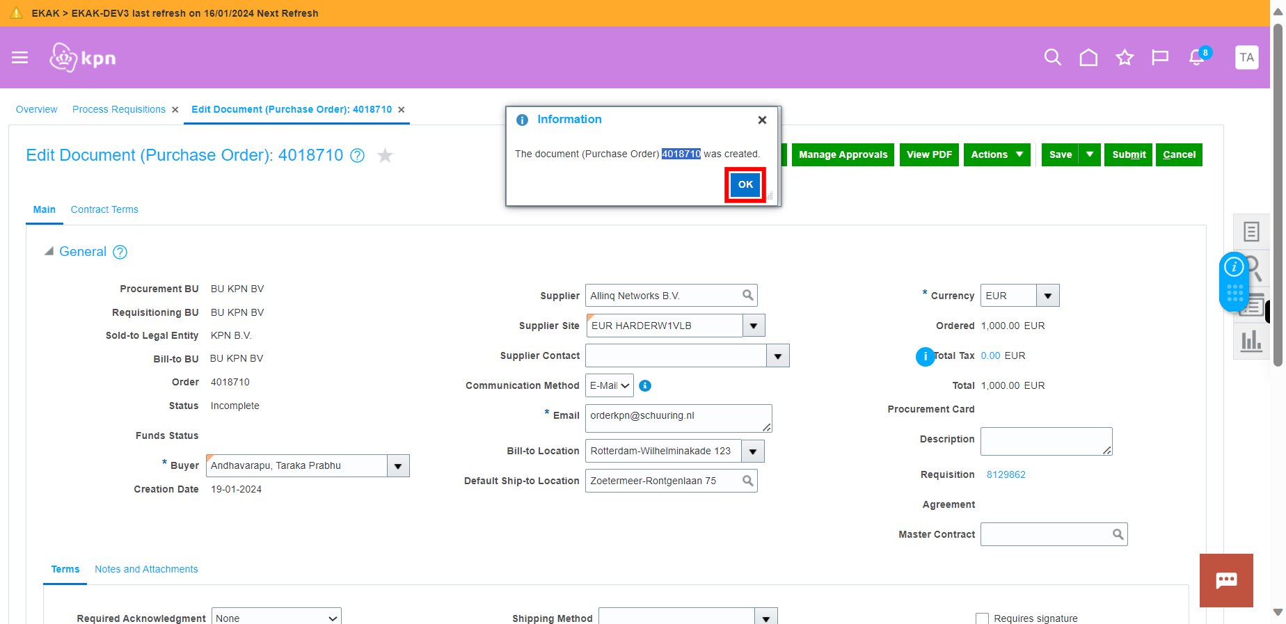 Edit Document (Purchase Order): 4018710 - Purchase Orders - Oracle Fusion Cloud Applications