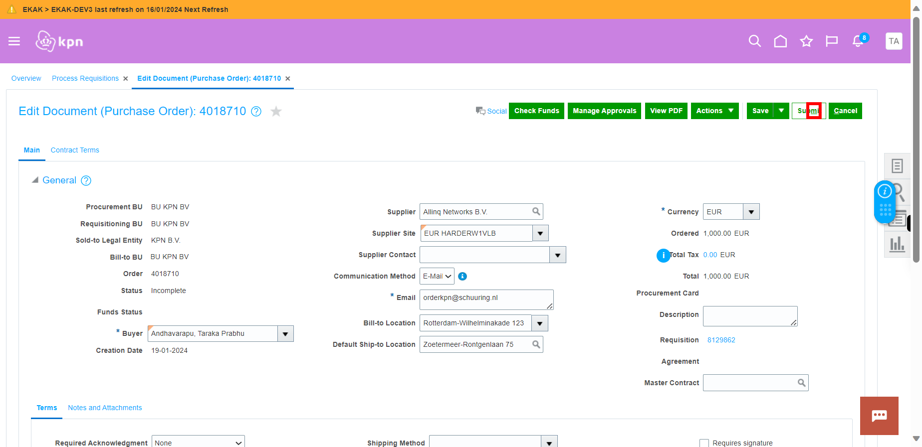 Edit Document (Purchase Order): 4018710 - Purchase Orders - Oracle Fusion Cloud Applications