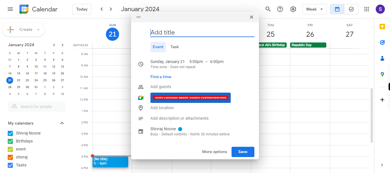 Google Calendar - Week of January 21, 2024