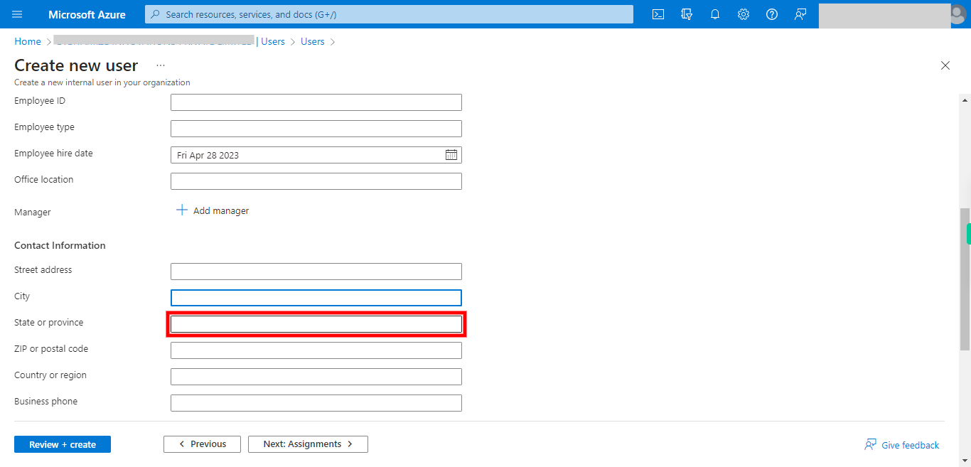 Create new user - Microsoft Azure