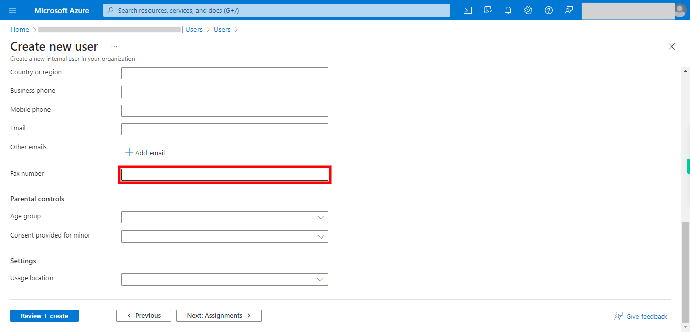 Create new user - Microsoft Azure