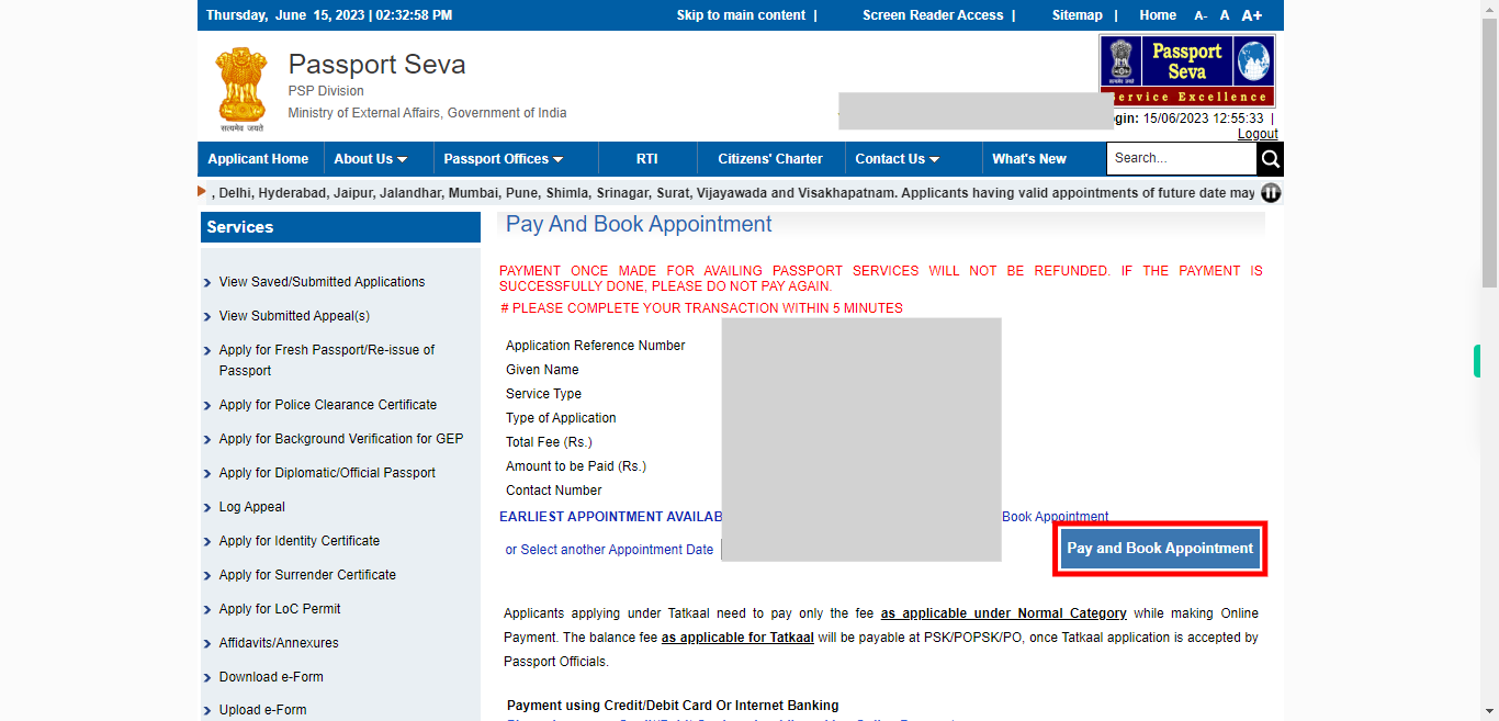 Online Payment | Passport Seva