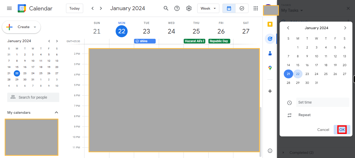 Google Calendar - Week of January 21, 2024