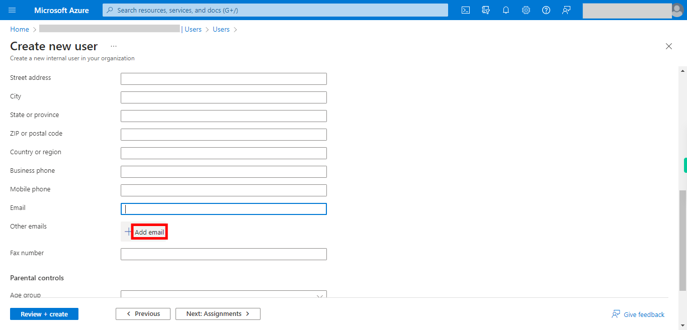 Create new user - Microsoft Azure