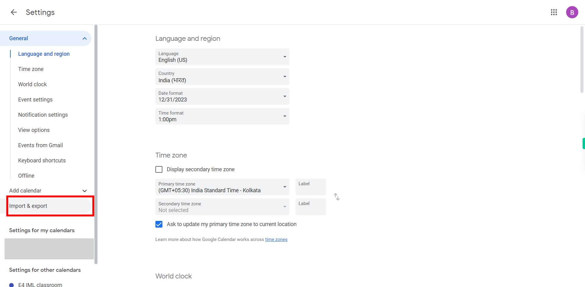 Google Calendar - General settings