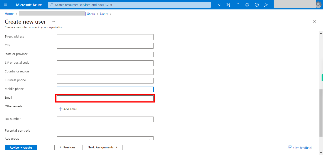 Create new user - Microsoft Azure