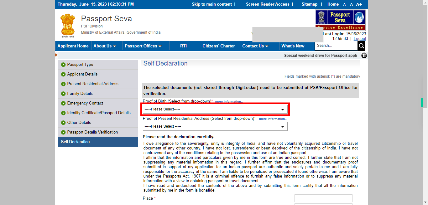 Self Declaration : Apply for Fresh Passport / Reissue of Passport | Passport Seva