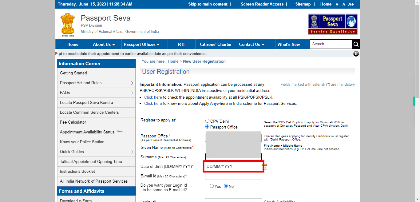 User Registration | Passport Seva