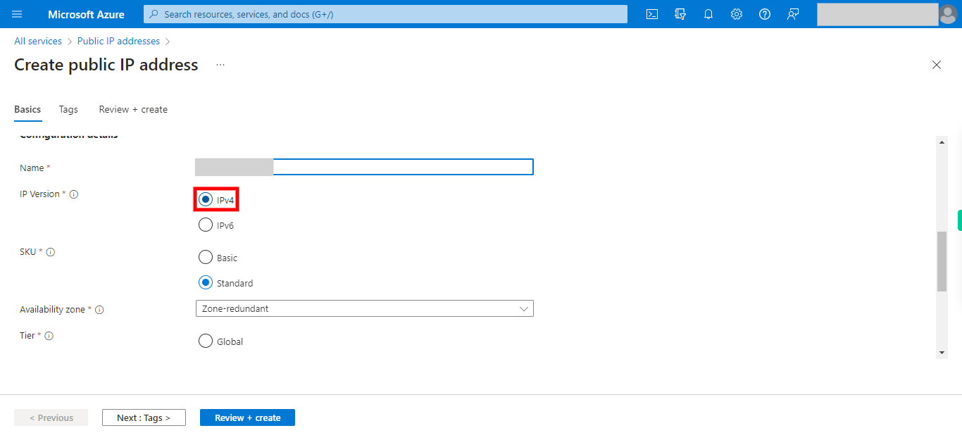 Create public IP address - Microsoft Azure