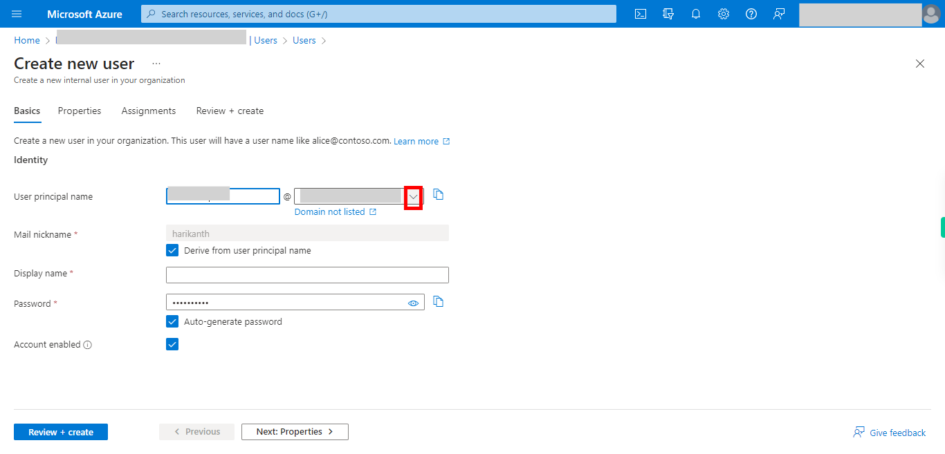 Create new user - Microsoft Azure