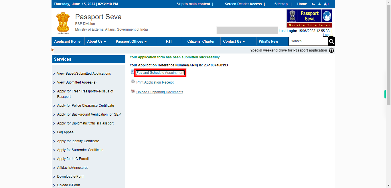 Application Form Submitted | Passport Seva