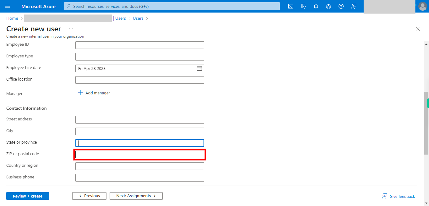 Create new user - Microsoft Azure