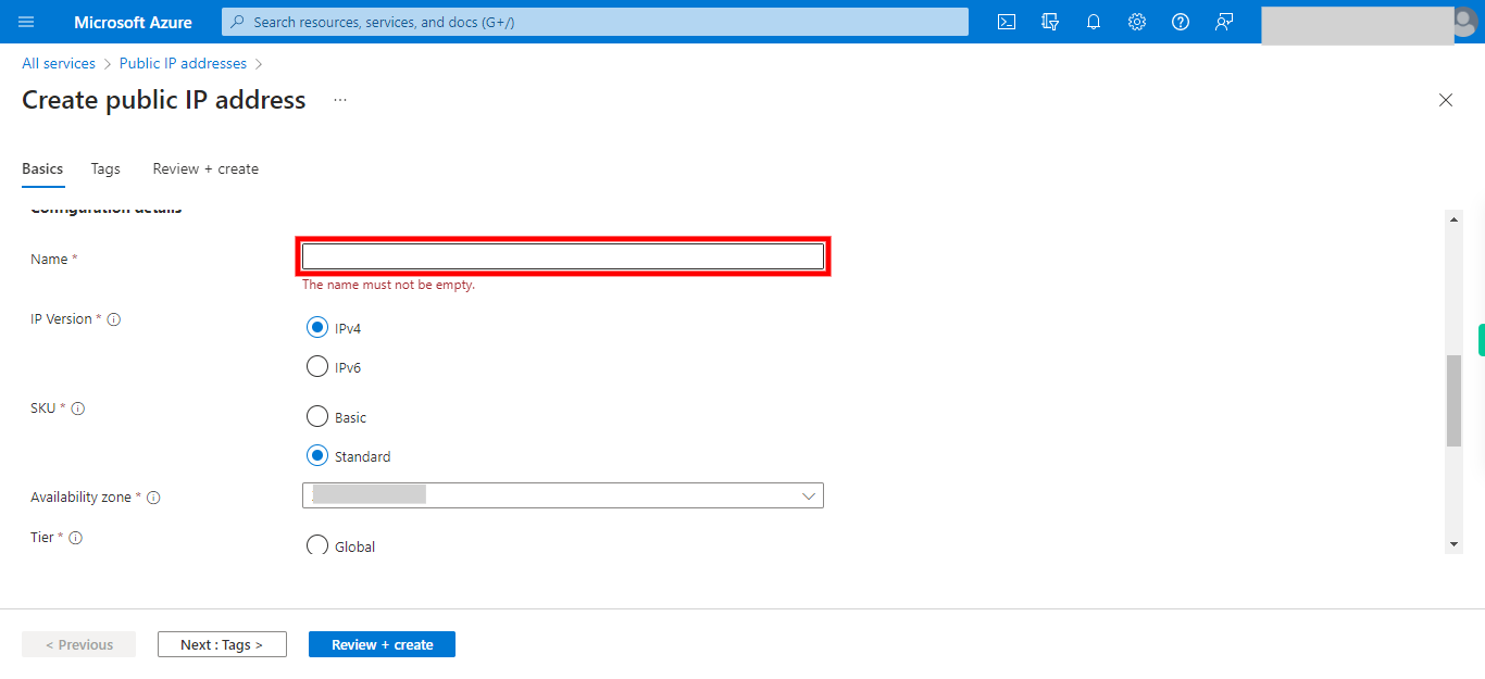 Create public IP address - Microsoft Azure