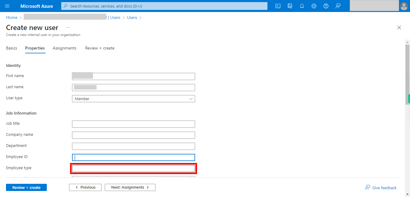 Create new user - Microsoft Azure