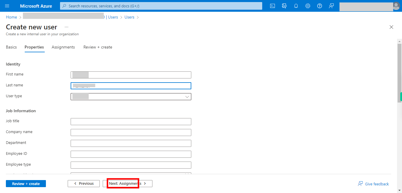 Create new user - Microsoft Azure