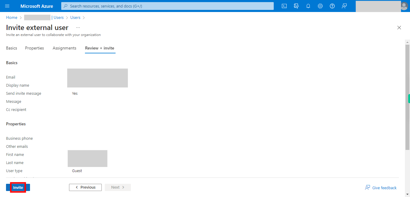 Invite external user - Microsoft Azure