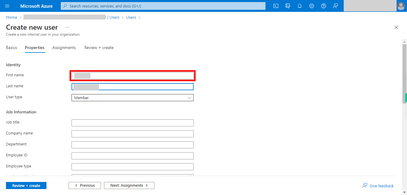 Create new user - Microsoft Azure