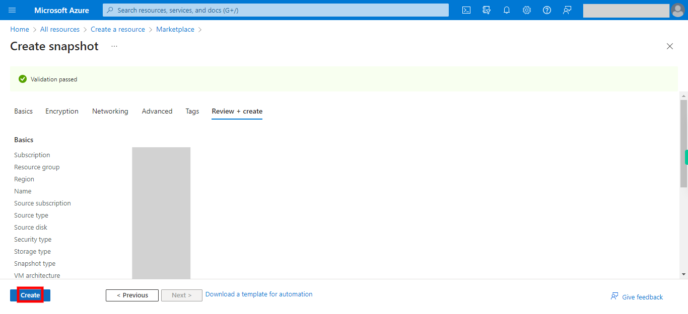 Create snapshot - Microsoft Azure