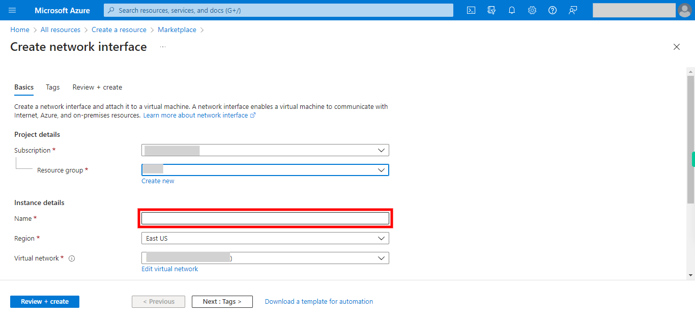 Create network interface - Microsoft Azure