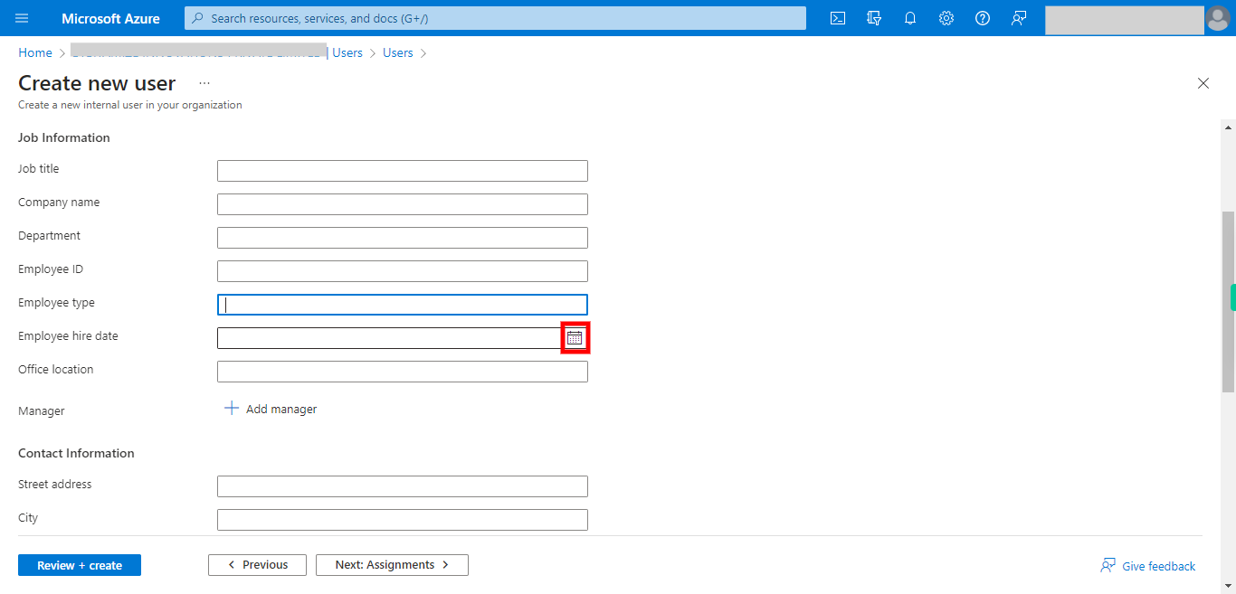 Create new user - Microsoft Azure