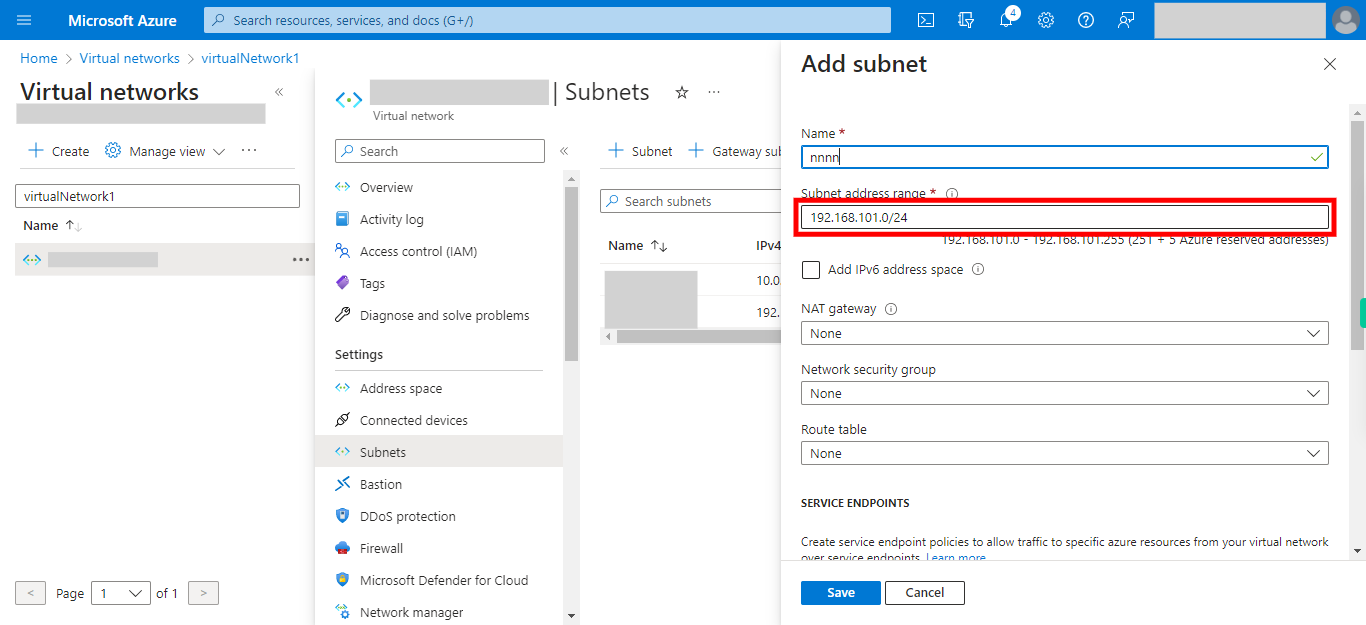 Add subnet - Microsoft Azure