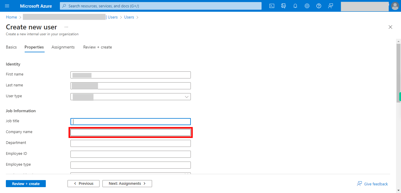 Create new user - Microsoft Azure