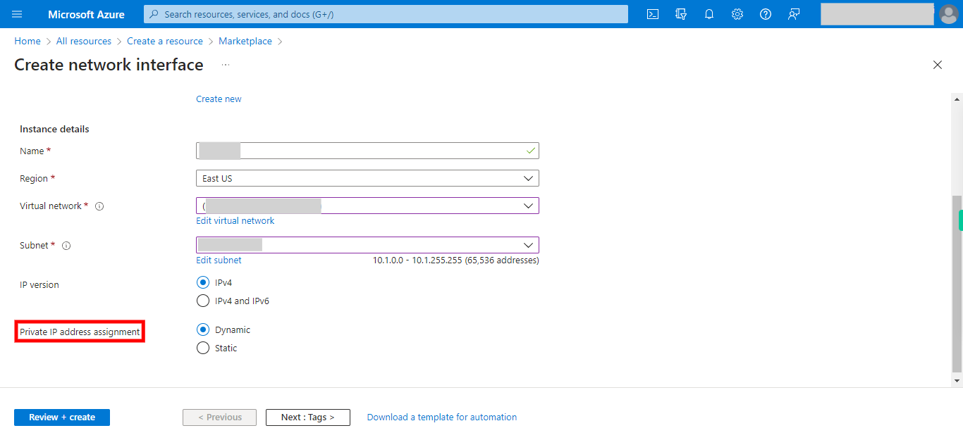 Create network interface - Microsoft Azure