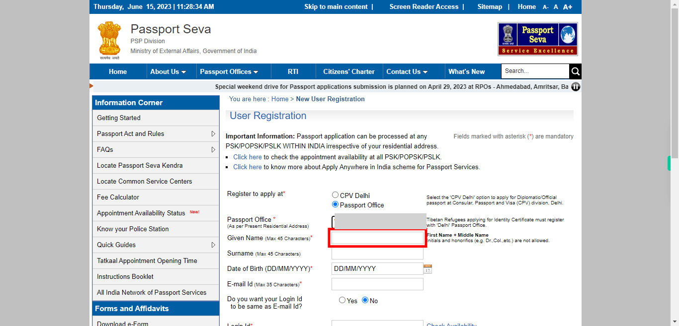 User Registration | Passport Seva