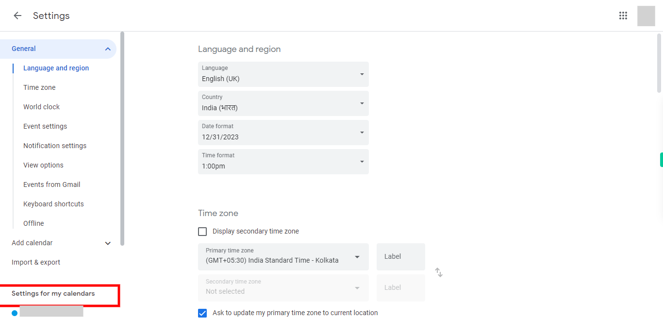 Google Calendar - General settings