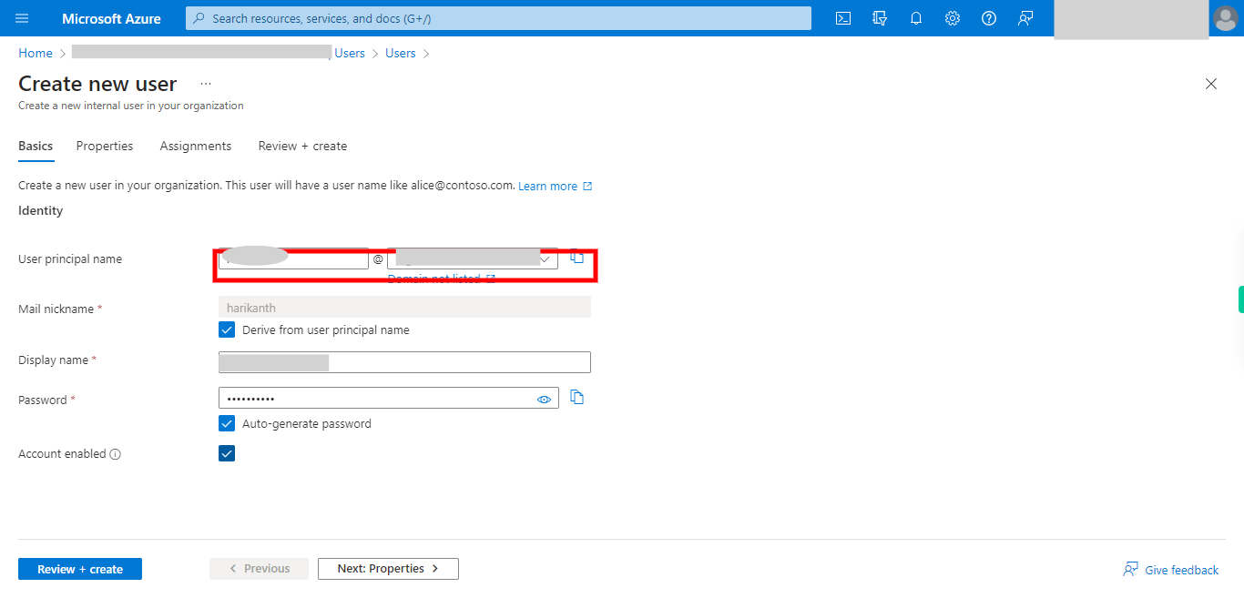 Create new user - Microsoft Azure