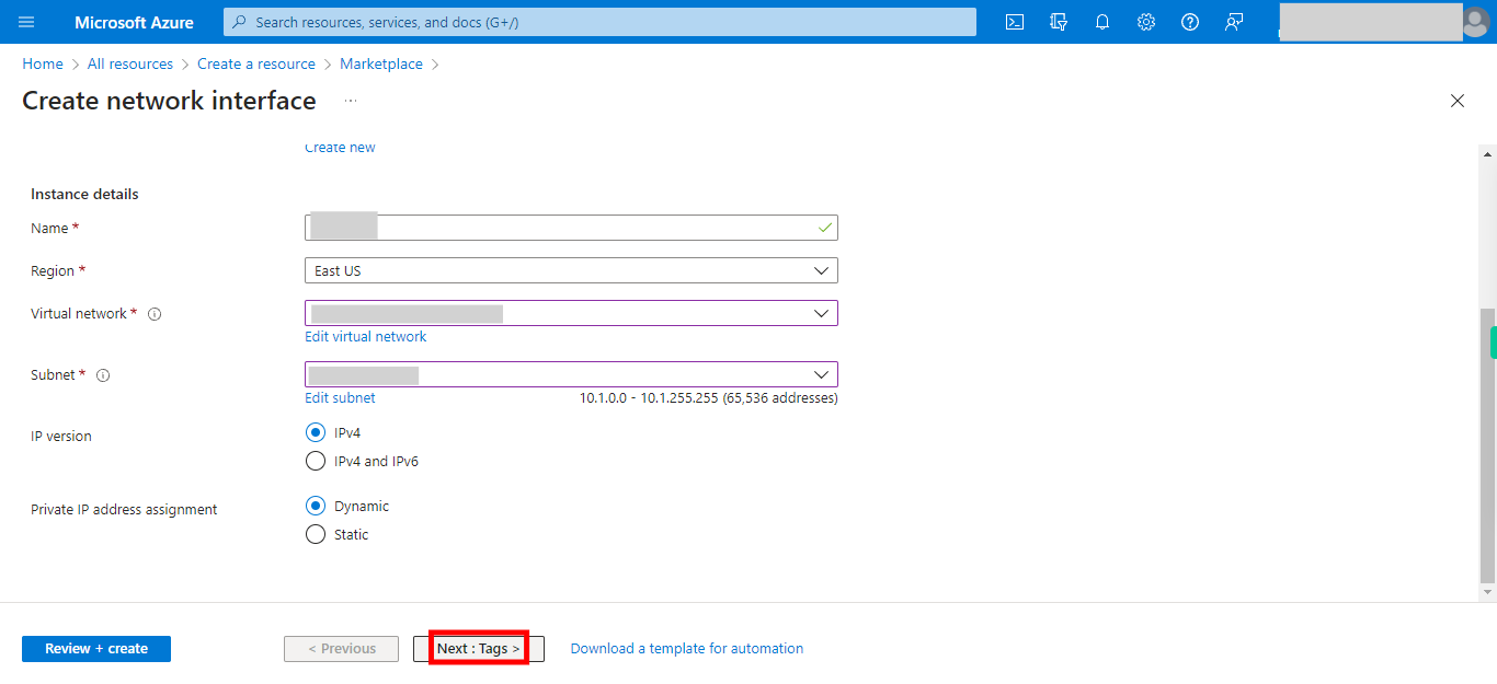 Create network interface - Microsoft Azure