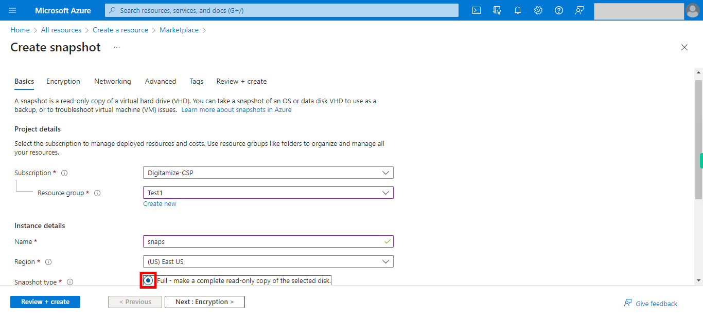 Create snapshot - Microsoft Azure