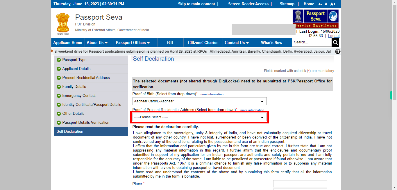 Self Declaration : Apply for Fresh Passport / Reissue of Passport | Passport Seva