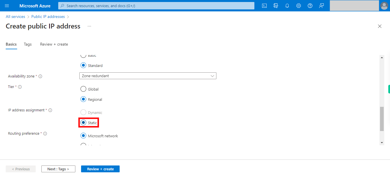 Create public IP address - Microsoft Azure