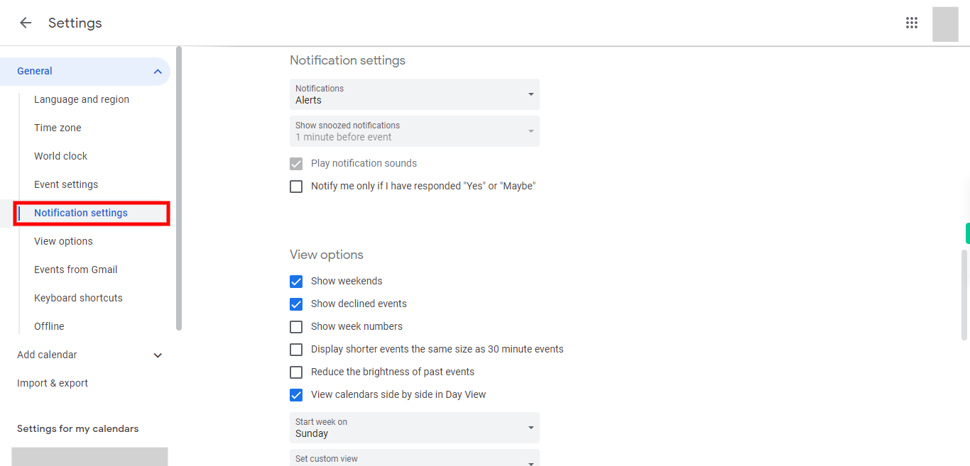 Google Calendar - General settings