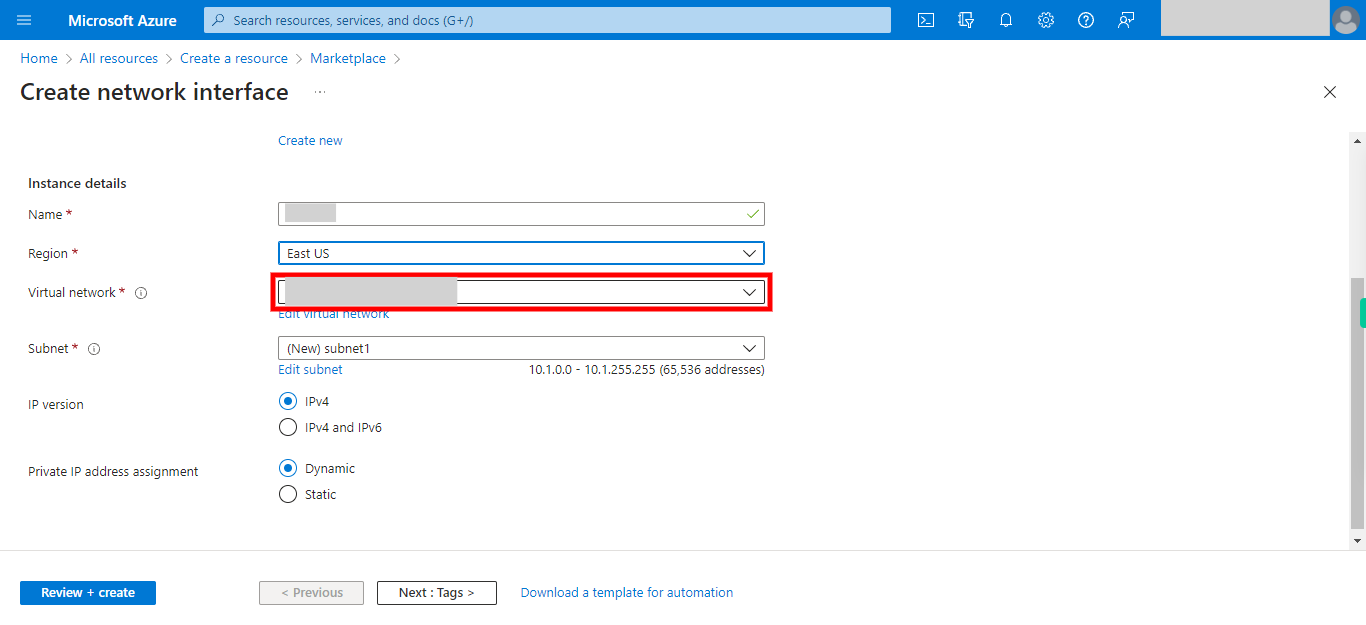 Create network interface - Microsoft Azure