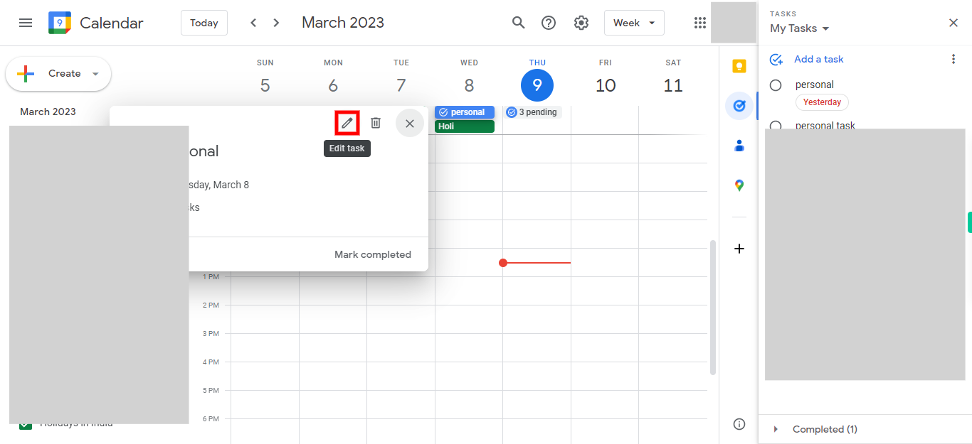 Google Calendar - Week of March 5, 2023